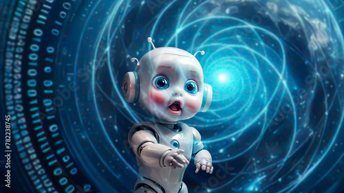 Artificial intelligence is still young. Symbolized by a white robot child with big astonished eyes. A binary universe can be seen in the background. Concept of the beginnings of AI.