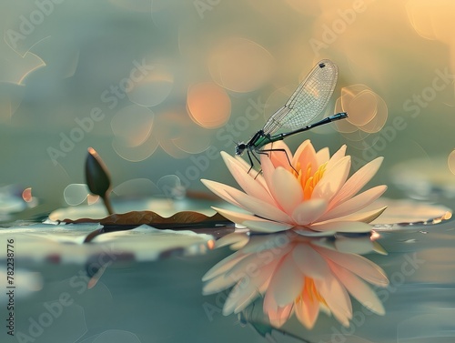 A serene damselfly perches elegantly on a blooming water lily amidst a tranquil pond, reflecting nature's poise.