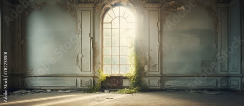 Abandoned manor with plant-filled window photo