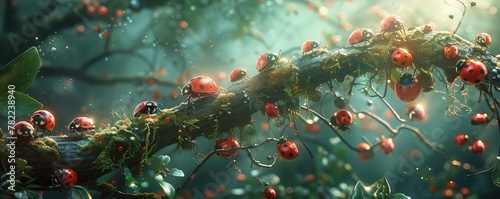 A lively gathering of ladybugs on a moss-covered branch, illuminated by the soft glow of a forest ambiance.