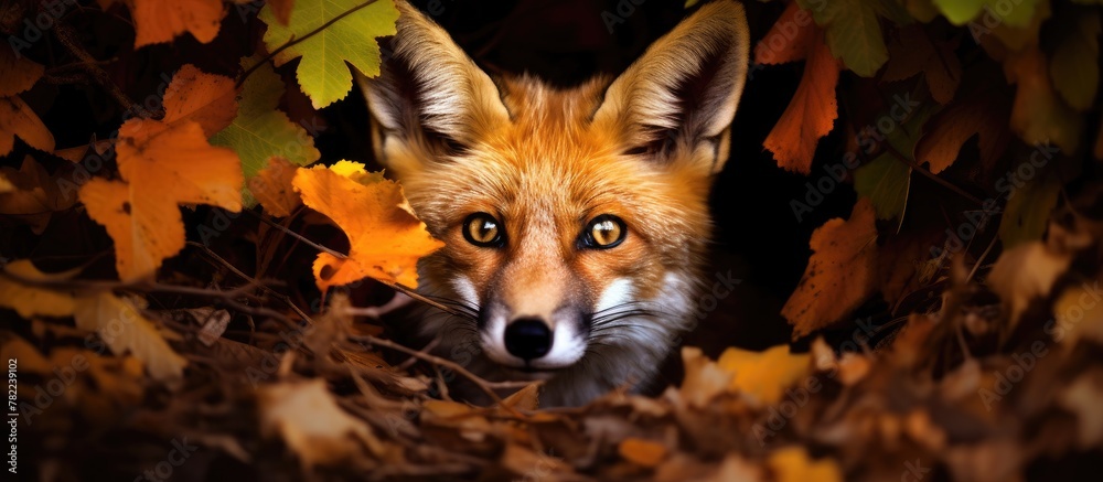 Fototapeta premium A fox peers out from a heap of fallen leaves