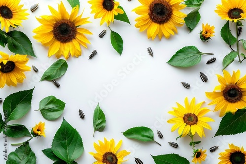 Top view of sunflower frame on white background with space for text flat lay photo