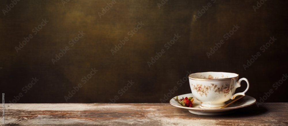 Close-up of cup and saucer on wooden surface Close-up of cup and saucer on wooden surface