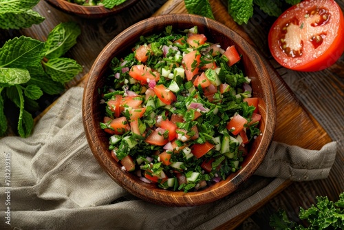 Top view of traditional Lebanese salad with tabbouleh and fattouch photo