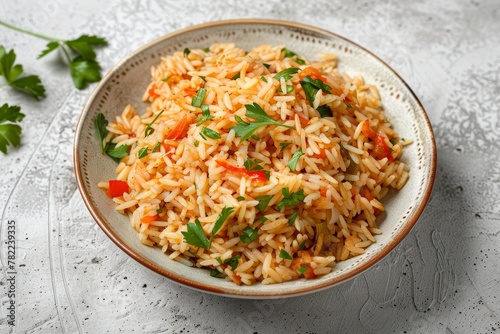 Top view of Turkish rice pilaf with orzo on a plate isolated