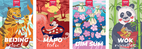 Chinese cuisine poster set. China national food banner dumplings dim sum or wonton and tiger with chopsticks eat peking duck. Oriental print soup dish mapo tofu. Panda hold noodle wok red box placard