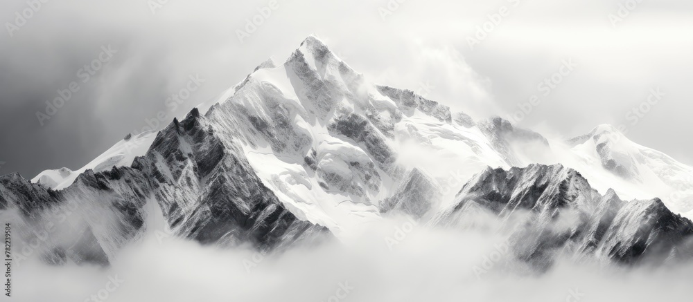 Obraz premium Mountain peak shrouded in mist with aircraft soaring past