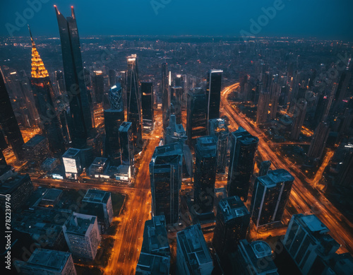 Aerial View of City Skyline at Night with Illuminated Streets
