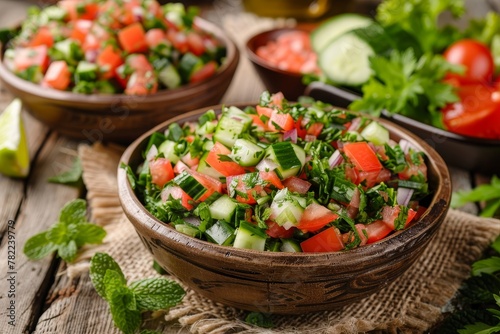 Traditional Arabic salad plates on rustic background