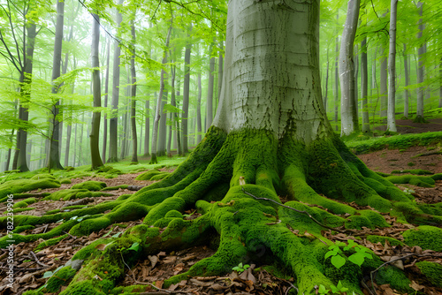 A large tree with green moss growing on its roots. The moss is covering the tree trunk and branches  giving it a lush and vibrant appearance. Concept of tranquility and natural beauty. Generative AI