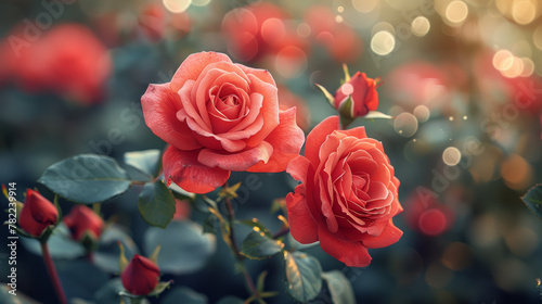 Blooming red roses with bokeh lights