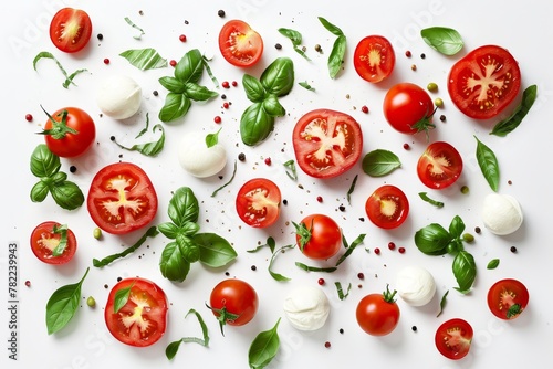 Traditional Italian caprese salad with red tomatoes mozzarella and basil on a white background top view