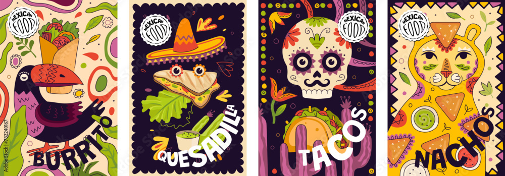 Obraz premium Mexican fast food promo poster design set. Mexico cuisine banner burrito and nacho. Latin American dish placard nachos and taco. Restaurant and eatery advertising vector eps print quesadilla and tacos