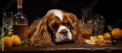 Dog with alcohol and oranges on table © HN Works