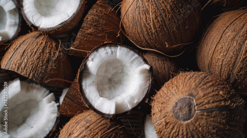 Close-up of fresh coconuts half and whole