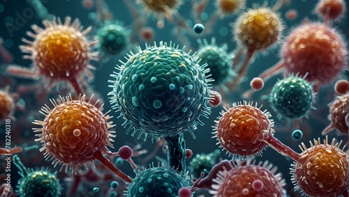 Close up view under a microscope of abstract virus cells of various shapes and sizes