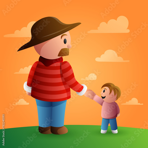 father with hat carrying his son by the hand, children's illustration in vector with gradient colors