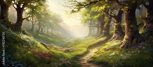 Path through lush woods with blooming flora © HN Works