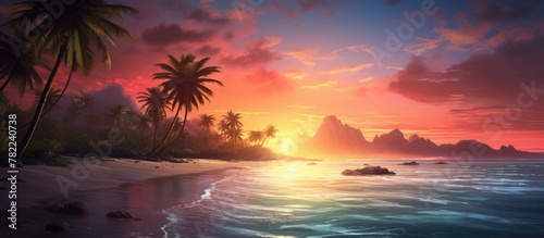 Sunset beach palm rocks