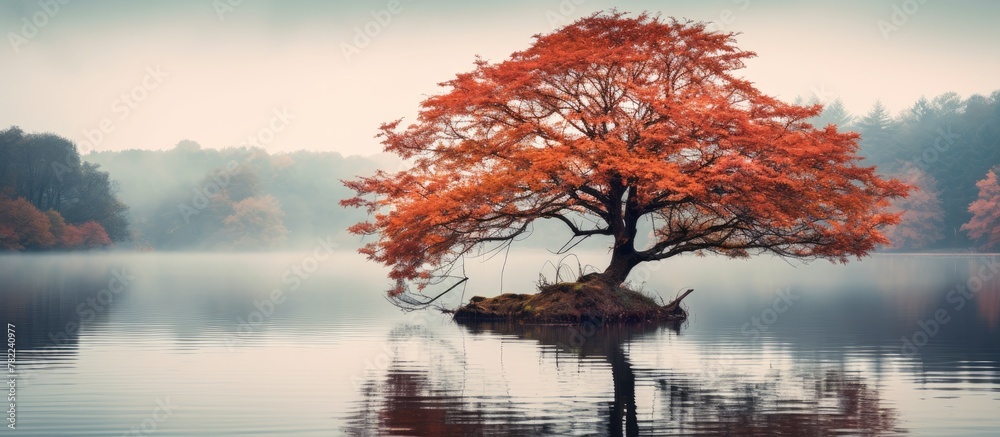 Autumn tree reflects in misty lake