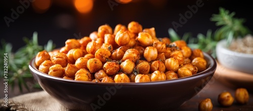 Close-up of crispy roasted chickpeas with rice in the background