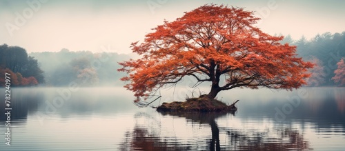 Autumn tree reflects in misty lake