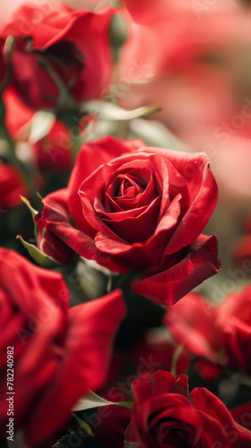 Close-up of vibrant red roses with soft focus background