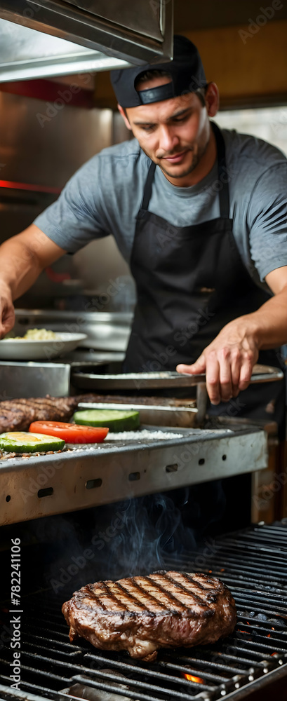 Photo Real: Grill Mastery - A Grill Master Flipping Burgers with Precision at a Busy Diner in Candid Daily Environment Photo Real: Grill Mastery - A Grill Master Flipping Burgers with Precision at a Busy Diner in Candid Daily Environment
