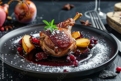 Upscale dining Duck confit with pear and cranberry on a dark plate Black table space to copy photo