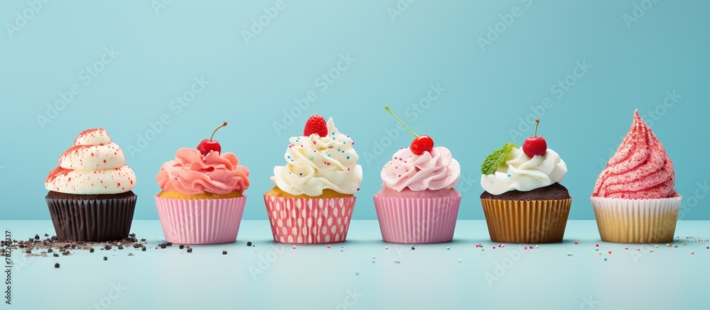 Naklejka premium Cupcakes Varieties on Blue Background