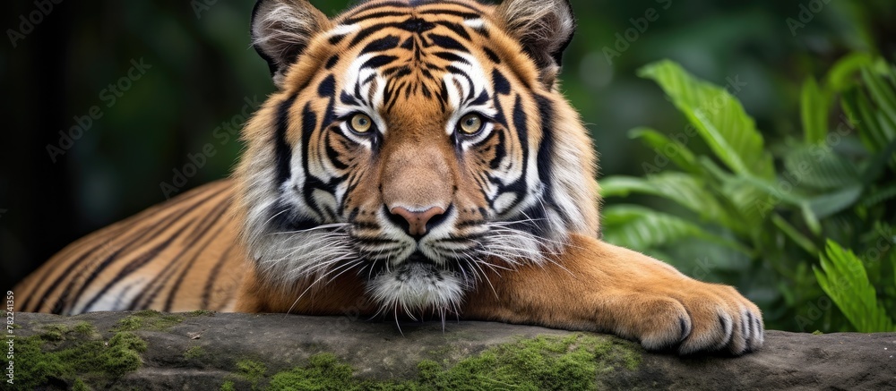 Obraz premium Sumatran tiger rests atop rock