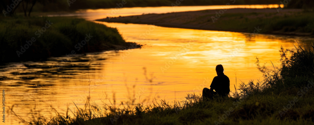Person sitting by a river at sunset