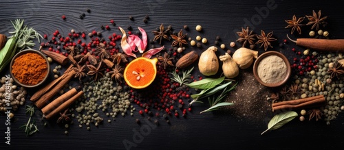 Spices and orange on black table