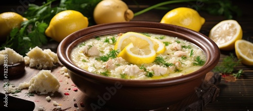 Greek chicken soup with lemon, rice, and egg photo