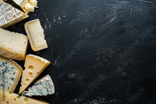 Various cheeses camembert brie parmesan blue cheese shot from above on a black chalkboard background with space for text