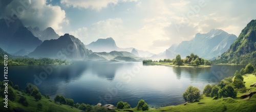 Landscape with mountain-encircled lake