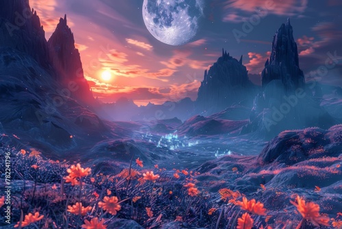 enchanting alien planet with towering mountains and luminescent flora otherworldly landscape 3d rendering © furyon