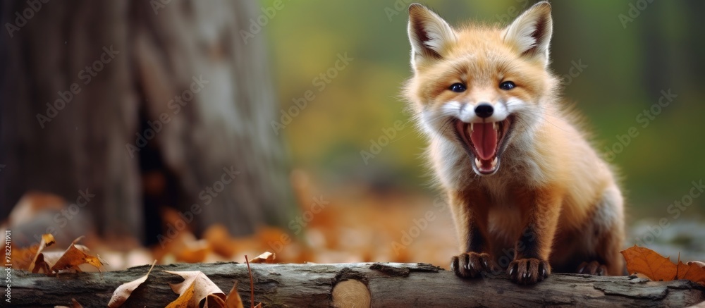 Naklejka premium A red fox yawning on a forest log