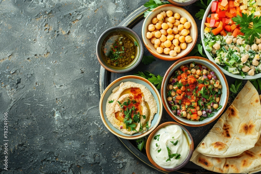 Various dips with flatbreads on a plate in a summer outdoor setting top view with copy space