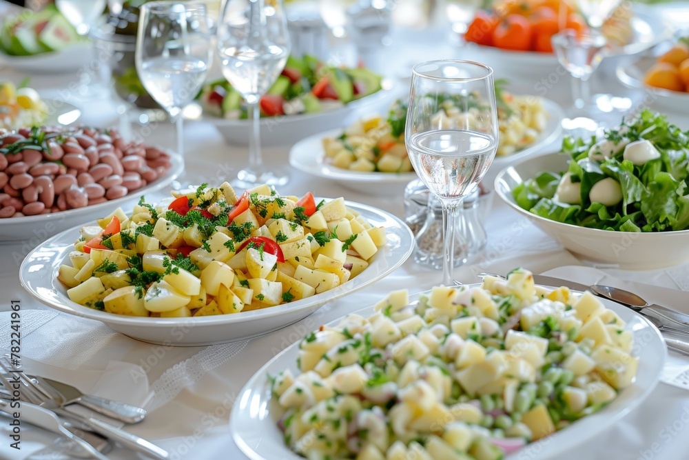 Various salads displayed on buffet table including potato salad bean salad and fresh mixed salad Potato salad highlighted