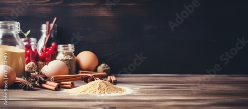 Fototapeta Naklejka Na Ścianę i Meble -  Table with eggs, cinnamon, and spices