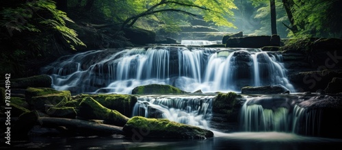 Waterfall in a lush forest with mossy stones © HN Works