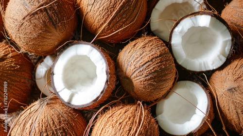 Whole and halved coconuts close-up
