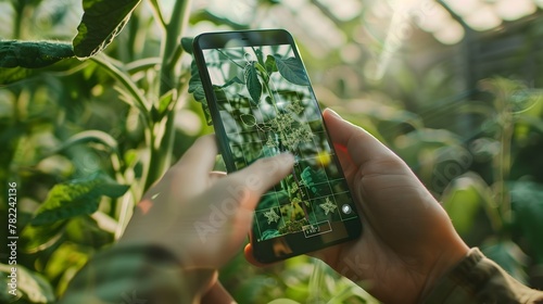 Farmer using smartphone app to monitor plant health with augmented reality data analysis