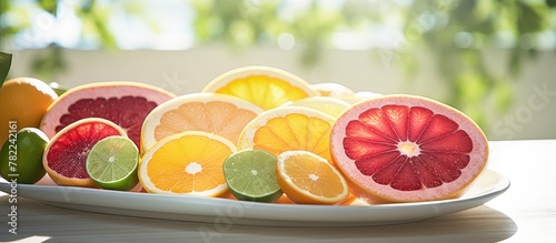 Plate of assorted fruit slices on table