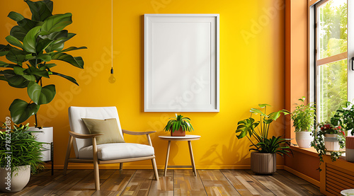 Sunny interior with empty picture frame on a yellow wall  wooden chair and a large potted palm. Bright room with large windows and shadows. Home staging and interior design concept. 
