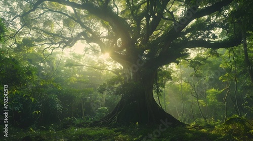 Majestic Ancient Tree Sheltering Diverse Forest Ecosystem in Warm Sunlit Wilderness