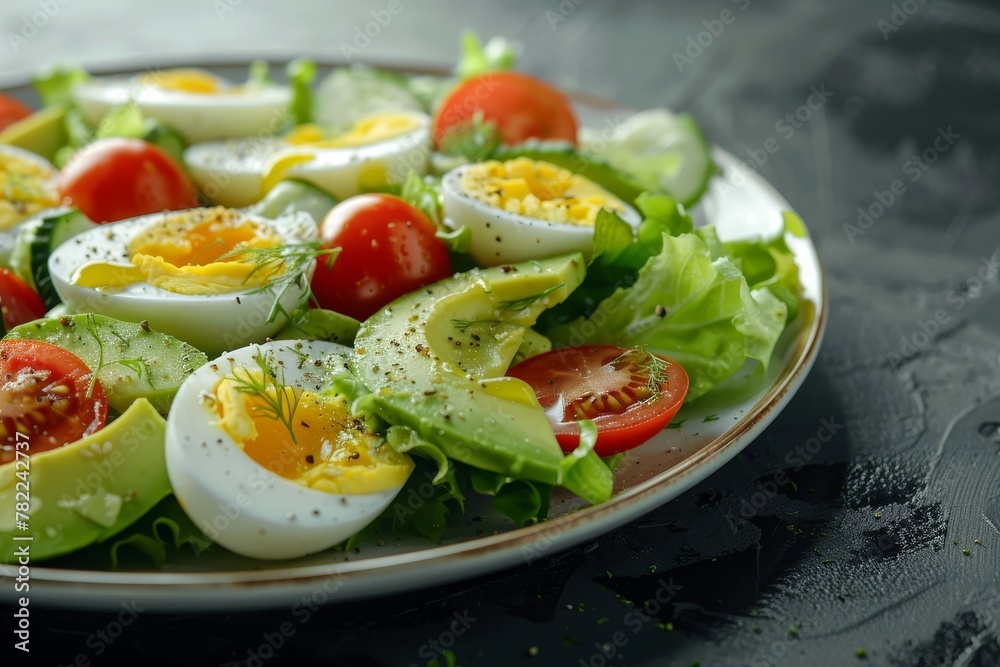 Vegetable salad with avocado eggs tomatoes and lettuce on white plate against dark background Vegetable salad with avocado eggs tomatoes and lettuce on white plate against dark background