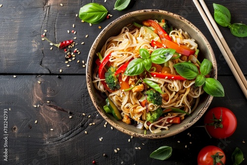 Vegetable stir fry with rice noodles in ceramic bowl on dark wooden background