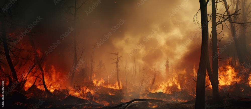 Fototapeta premium Firefighter battling forest blaze with hose